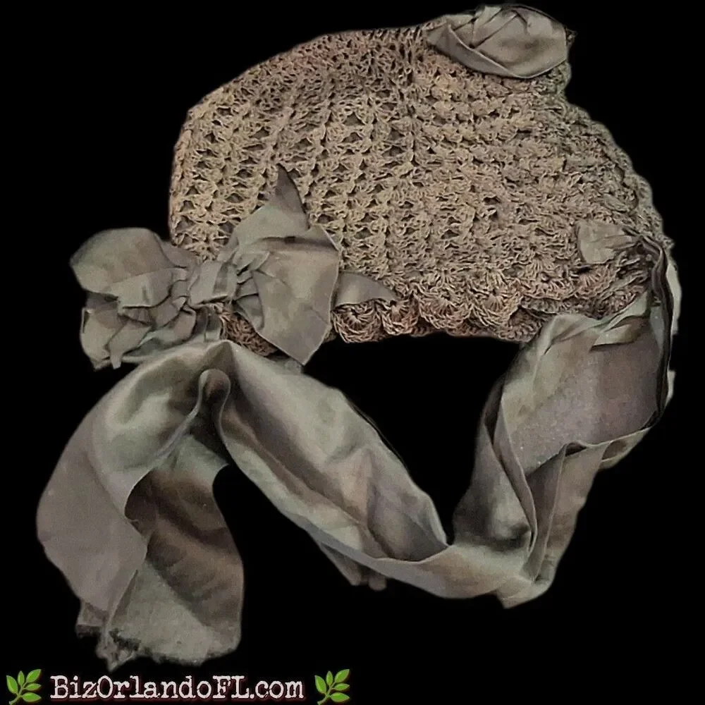 Antique Edwardian 1910s 1920s Crochet Adult Boudoir Cap | Silk Ribbon & Rosettes